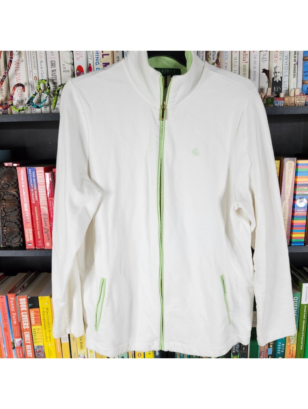 Lauren Ralph Lauren White Full Zip Jacket XL Cotton French Terry Green Trim